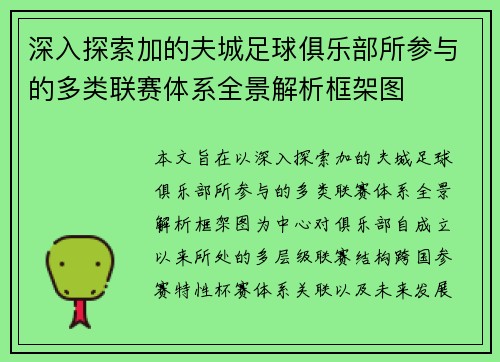 深入探索加的夫城足球俱乐部所参与的多类联赛体系全景解析框架图 深入探索加的夫城足球俱乐部所参与的多类联赛体系全景解析框架图