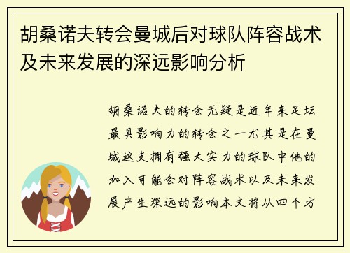 胡桑诺夫转会曼城后对球队阵容战术及未来发展的深远影响分析 胡桑诺夫转会曼城后对球队阵容战术及未来发展的深远影响分析